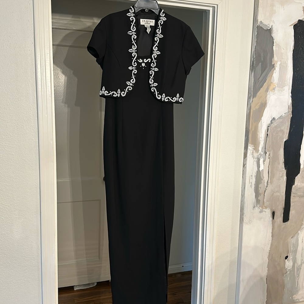 Embellished black evening dress with caplet